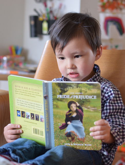 Felix reading Pride and Prejudice--at age 2!